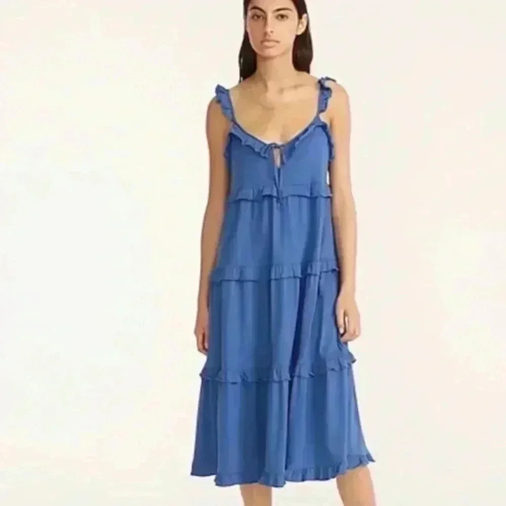 J. Crew midi Dress Women Ruffled V Neck Keyhole Tiered Adjustable Straps Blue S